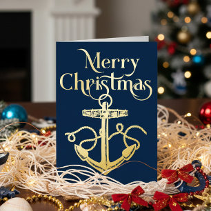 Nautical Merry kerst Anchor Navy Gold Folie Feestdagenkaart