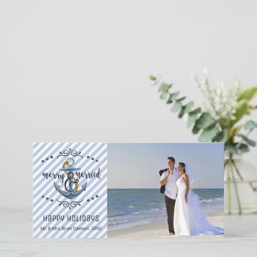 Nautical Merry & Married, Blauwe Strepen, Eén Foto Feestdagenkaart (Staand voorkant)
