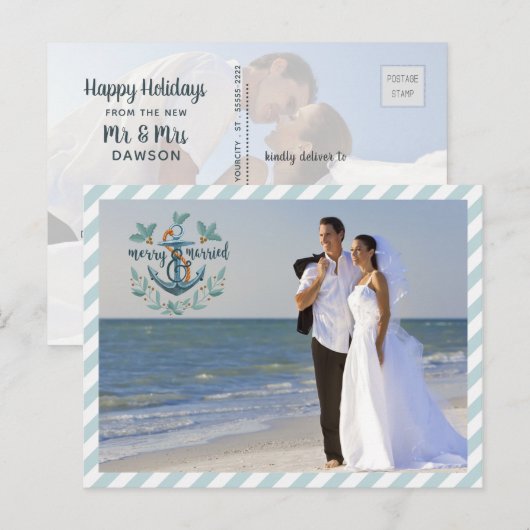 Nautical Merry & Married, Blauwgroen Stripes, Twee Feestdagenkaart (Voorkant / Achterkant)