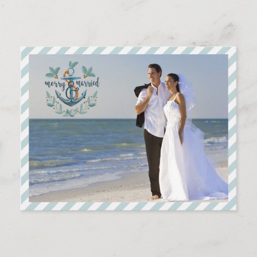 Nautical Merry & Married, Blauwgroen Stripes, Twee Feestdagenkaart (Voorkant)