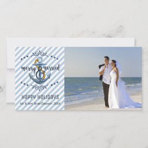 Nautical Merry & Married, Blue Stripes, One Photo Feestdagenkaart