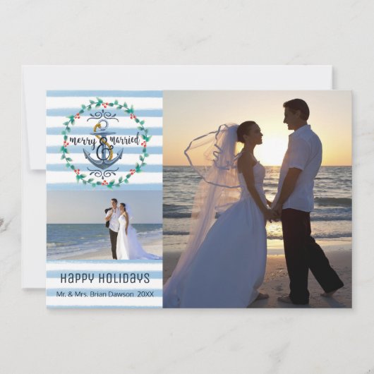 Nautical Merry & Married, Blue Stripes, Twee foto' Feestdagenkaart (Voorkant)