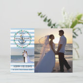 Nautical Merry & Married, Blue Stripes, Twee foto' Feestdagenkaart (Staand voorkant)