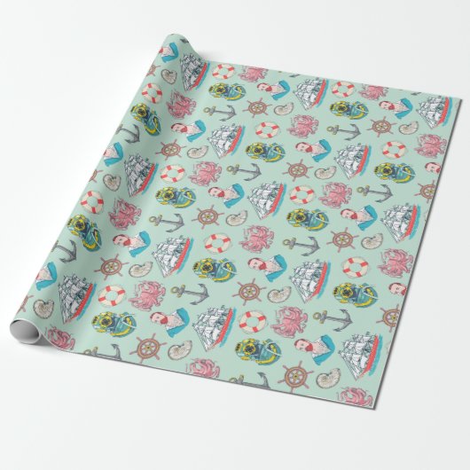  Nautical met Octopus Sailor en Ships Cadeaupapier (Uitgerold)