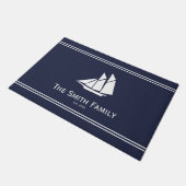 Nautical Midnight Blue and White Sailboat Name Deurmat (Schuin)