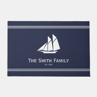 Nautical Midnight Blue and White Sailboat Name Deurmat