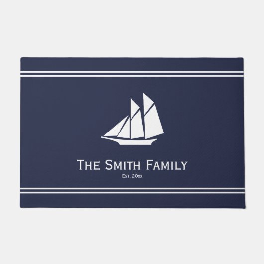 Nautical Midnight Blue and White Sailboat Name Deurmat (Voorkant)