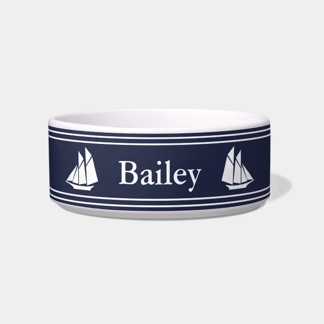 Nautical Midnight Blue and White Sailships Pet Voerbakje (Voorkant)