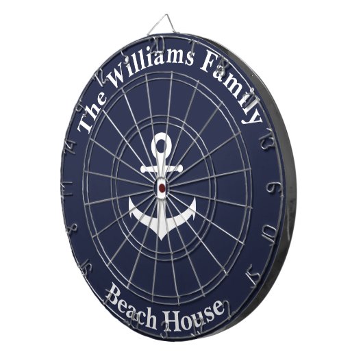 Nautical Midnight Blue met White Anchor & Text Dartbord (Voorkant Rechts)
