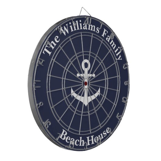 Nautical Midnight Blue met White Anchor & Text Dartbord (Voorkant Links)
