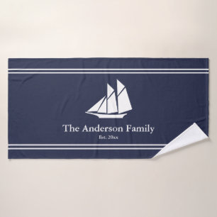 Nautical Midnight Blue & White Sailboat Text Name Bad Handdoek