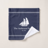Nautical Midnight Blue & White Sailboat Text Name Bad Handdoek (Wasdoekje)