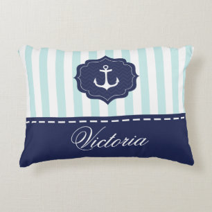Nautical Mint Navy Blue Anchor Custom Name Accent Kussen