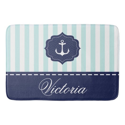 Nautical Mint Navy Blue Anchor Custom Name Badmat (Voorkant)