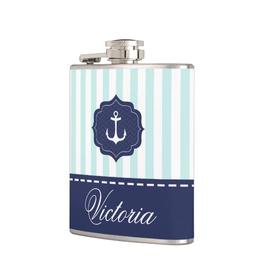 Nautical Mint Navy Blue Anchor Custom Name Heupfles (Links)