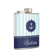 Nautical Mint Navy Blue Anchor Custom Name Heupfles (Rechts)