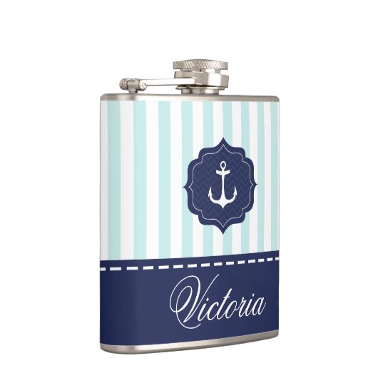 Nautical Mint Navy Blue Anchor Custom Name Heupfles (Rechts)