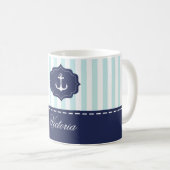 Nautical Mint Navy Blue Anchor Custom Name Koffiemok (Voorkant rechts)