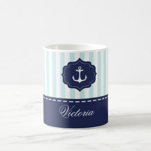 Nautical Mint Navy Blue Anchor Custom Name Koffiemok