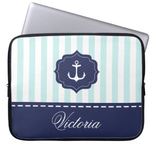 Nautical Mint Navy Blue Anchor Custom Name Laptop Sleeve