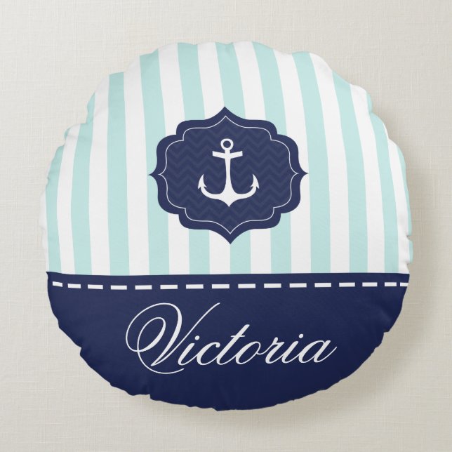 Nautical Mint Navy Blue Anchor Custom Name Rond Kussen (Voorkant)