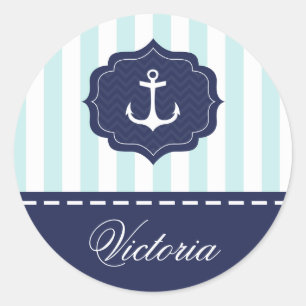 Nautical Mint Navy Blue Anchor Custom Name Ronde Sticker