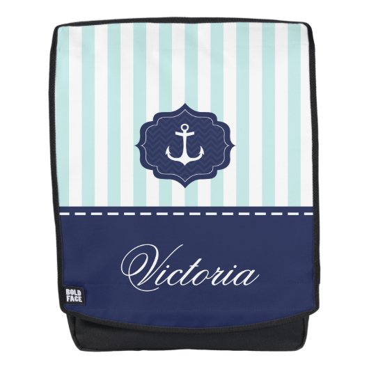 Nautical Mint Navy Blue Anchor Custom Name Rugtassen (Voorkant)