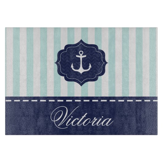 Nautical Mint Navy Blue Anchor Custom Name Snijplank (Voorkant)