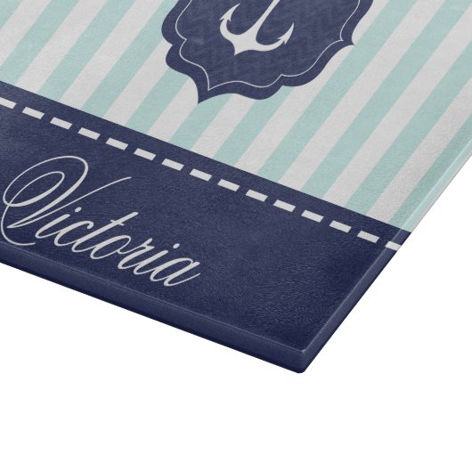 Nautical Mint Navy Blue Anchor Custom Name Snijplank (Hoek)