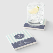 Nautical Mint Navy Blue Anchor Custom Name Stenen Onderzetter (Zijkant)