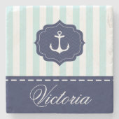 Nautical Mint Navy Blue Anchor Custom Name Stenen Onderzetter (Voorkant)