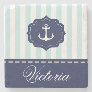 Nautical Mint Navy Blue Anchor Custom Name Stenen Onderzetter