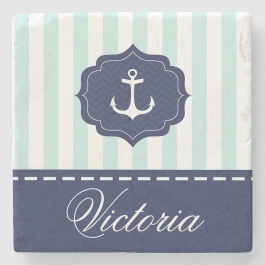 Nautical Mint Navy Blue Anchor Custom Name Stenen Onderzetter (Voorkant)
