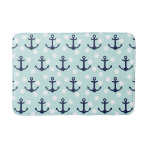 Nautical Mint Polka Dots and Navy Blue Anchors Badmat