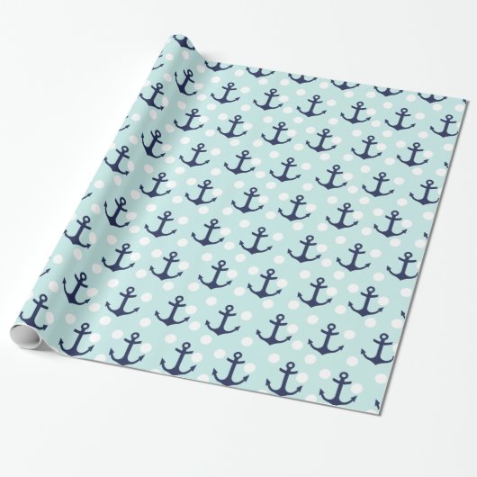 Nautical Mint Polka Dots and Navy Blue Anchors Cadeaupapier (Uitgerold)
