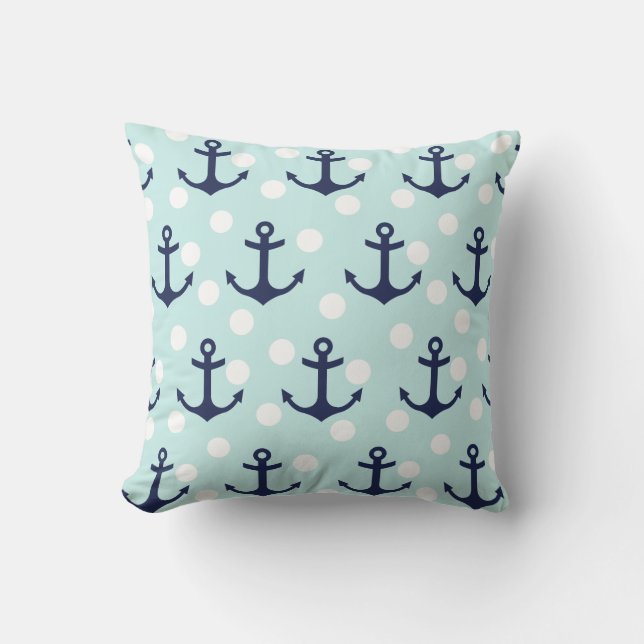 Nautical Mint Polka Dots and Navy Blue Anchors Kussen (Voorkant)
