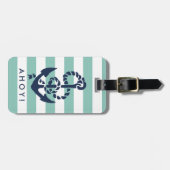 Nautical Mint Stripe Navy Anchor Personalized Bagagelabel (Voorkant horizontaal)