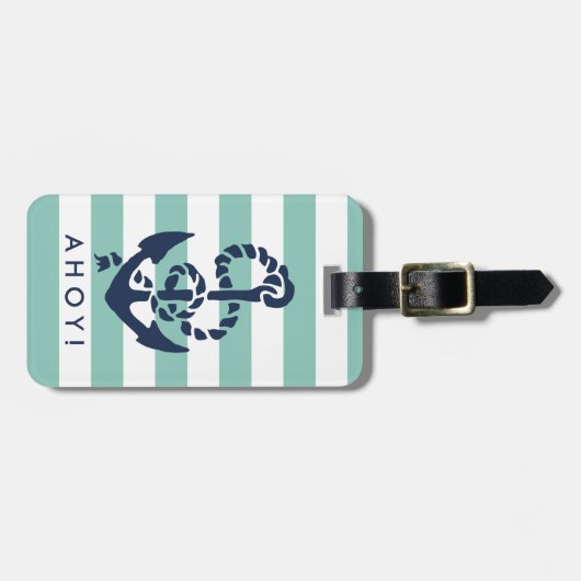 Nautical Mint Stripe Navy Anchor Personalized Bagagelabel (Voorkant horizontaal)