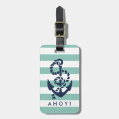 Nautical Mint Stripe Navy Anchor Personalized Bagagelabel (Voorkant verticaal)