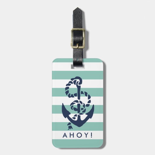 Nautical Mint Stripe Navy Anchor Personalized Bagagelabel (Voorkant verticaal)