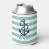 Nautical Mint Stripe & Navy Anchor Personalized Blikjeskoeler (Blikje Voorkant)