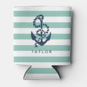 Nautical Mint Stripe & Navy Anchor Personalized Blikjeskoeler (Voorkant)