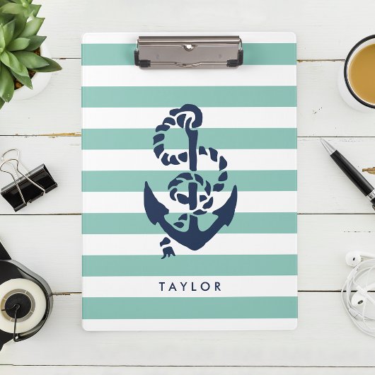 Nautical Mint Stripe & Navy Anchor Personalized Klembord
