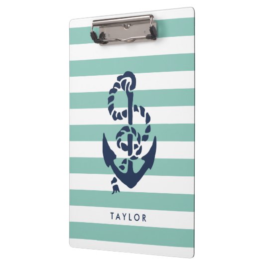 Nautical Mint Stripe & Navy Anchor Personalized Klembord (Links)
