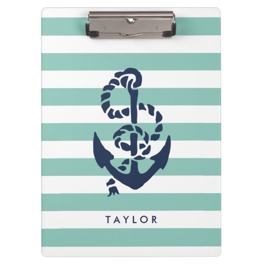 Nautical Mint Stripe & Navy Anchor Personalized Klembord (Voorkant)