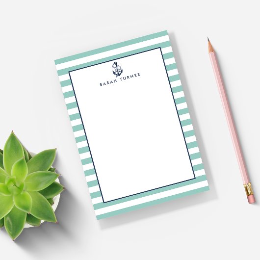 Nautical Mint Stripe & Navy Anchor Personalized Post-it® Notes