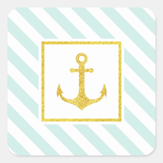 Nautical Mint Stripes Faux Glitter Anchor Vierkante Sticker (Voorkant)