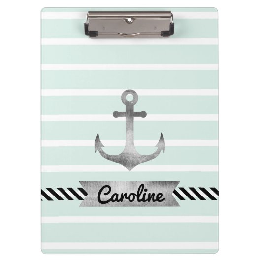 Nautical Mint Stripes Watergekleurd Anker Klembord (Voorkant)