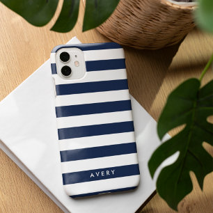 Nautical Modern Navy and White Stripe gepersonalis Case-Mate iPhone 14 Hoesje