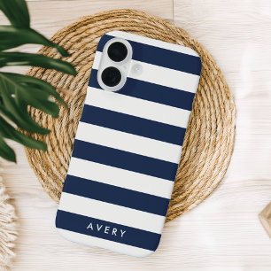 Nautical Modern Navy and White Stripe gepersonalis iPhone 16 Hoesje